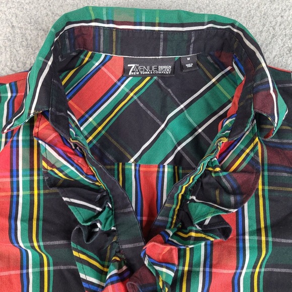 NY & Co 7th Avenue Shirt Womens Medium Plaid Ruffle Retro V neck Button Down - Picture 6 of 15